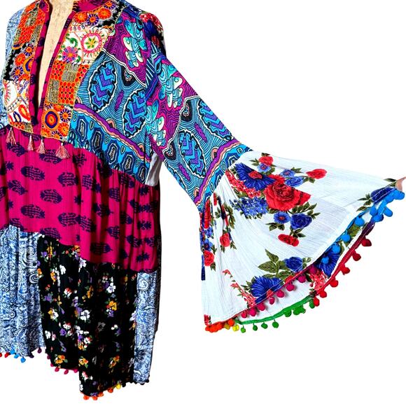 Anandas Patchwork Print Tassel Detail Smock Mini Dress Size Large Bell Sleeves - Picture 5 of 13